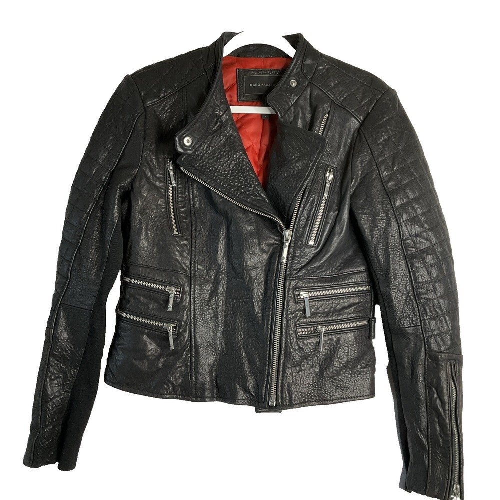 BCBG‎ Max Azria Maddy Black Leather Moto Jacket Asymmetric Classic Motorcycle S